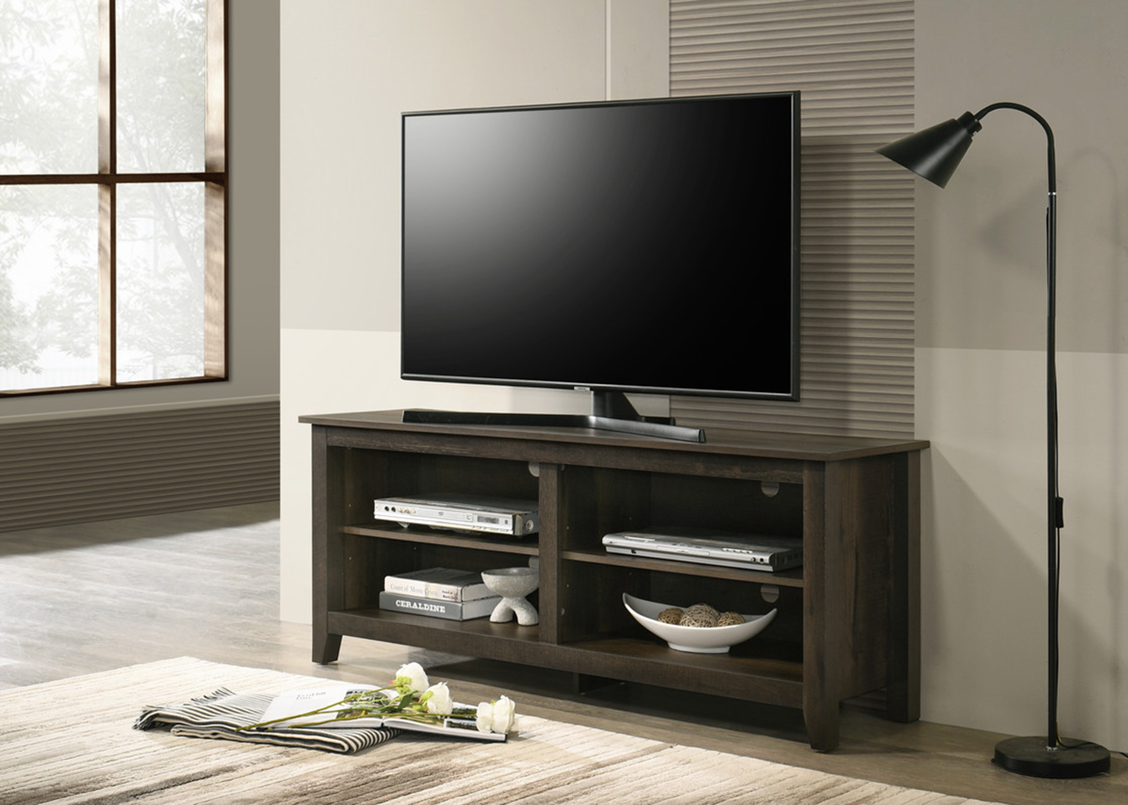 Winston Porter Trove 58" Wide Dark Dusty Oak Finish TV Stand With Open Shelves And Cable